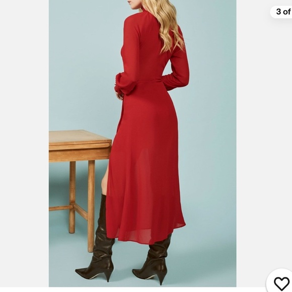 REFORMATION Red GEORGINA Smocked Cuff Turtleneck Crepe Button Slit Midi Dress, 4 - Picture 3 of 7